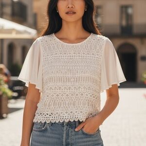 Womens Bebe White Crochet Lace Sheer Sleeve Top Size Medium
